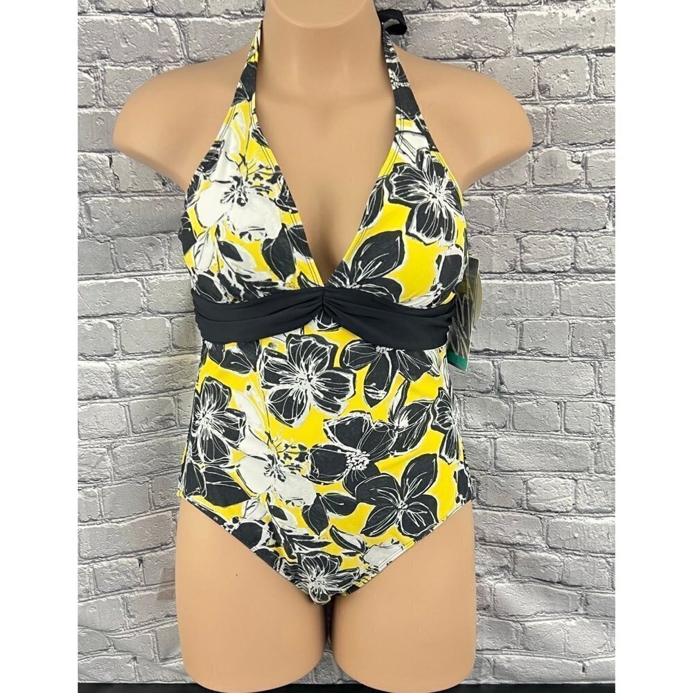 Your Best Look 1 Piece Swimsuit Halter ‎ Black and Yellow Print Size 16 NWT